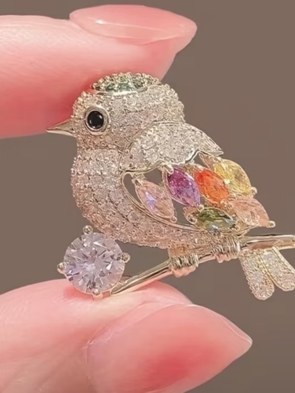 Elegant Gold and Multicolor Crystal Bird Brooch